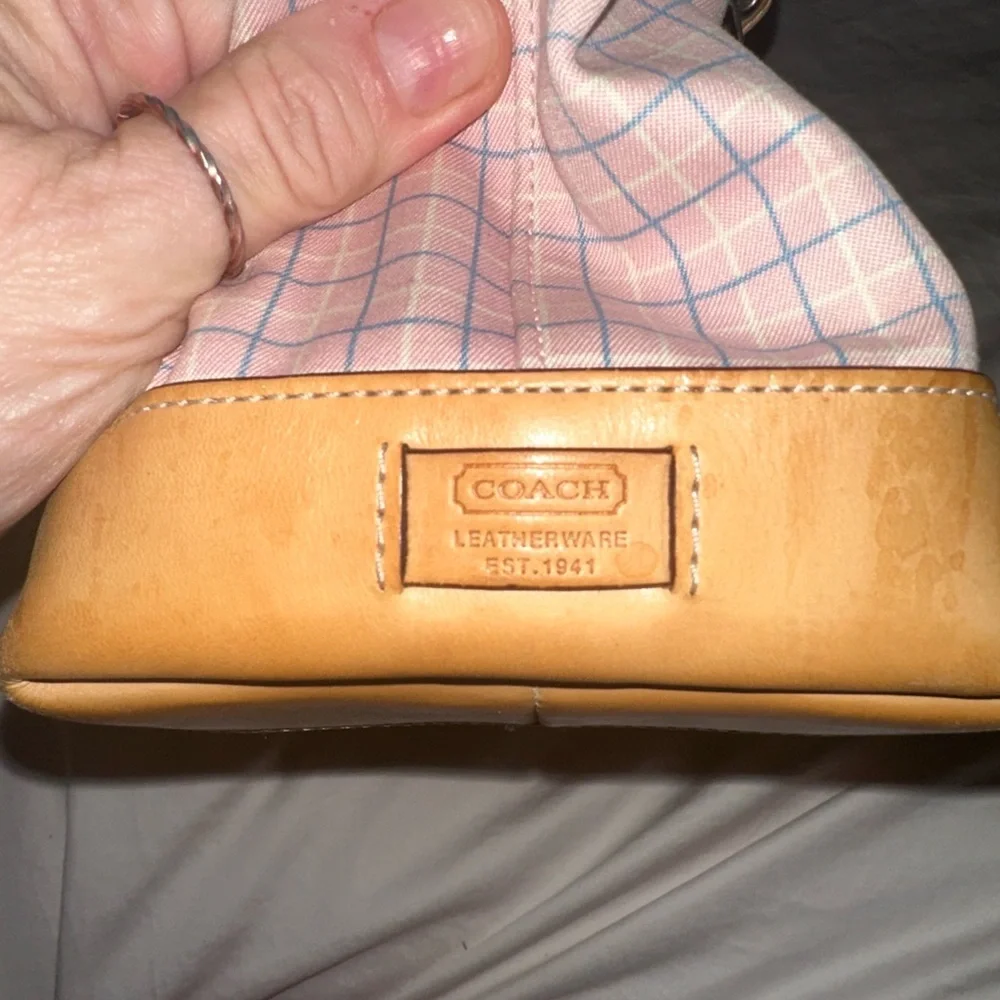 Coach y2k Hampton pink and blue Plaid Tote Bag tan leather trim silver accents - Picture 5 of 13